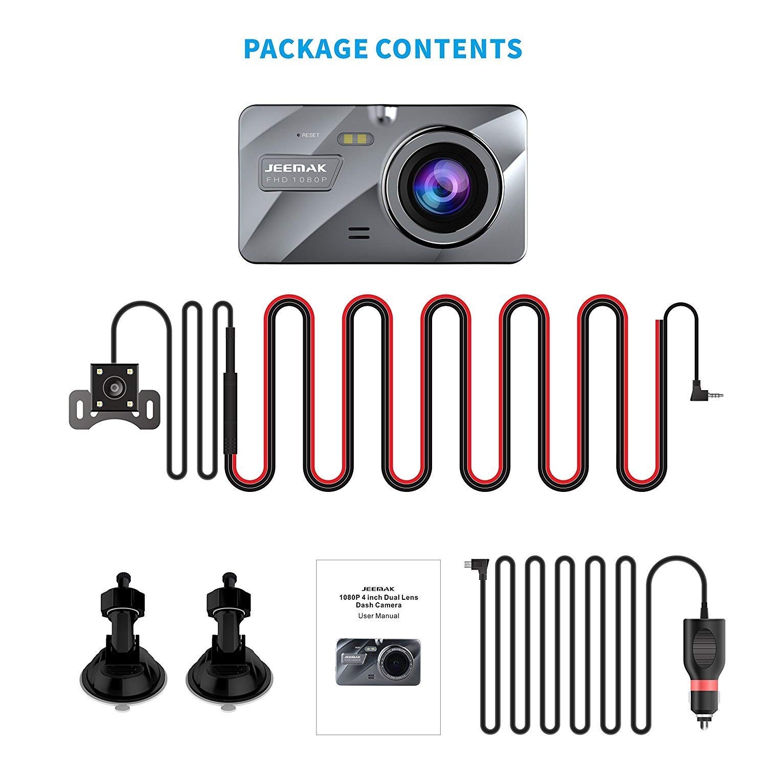 Jeemak 4" IPS Dual Lens Dash Cam Front+Rear Dashboard Waterproof Backup Camera